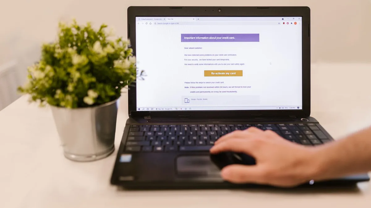 Person reading an email on a laptop next to a potted plant