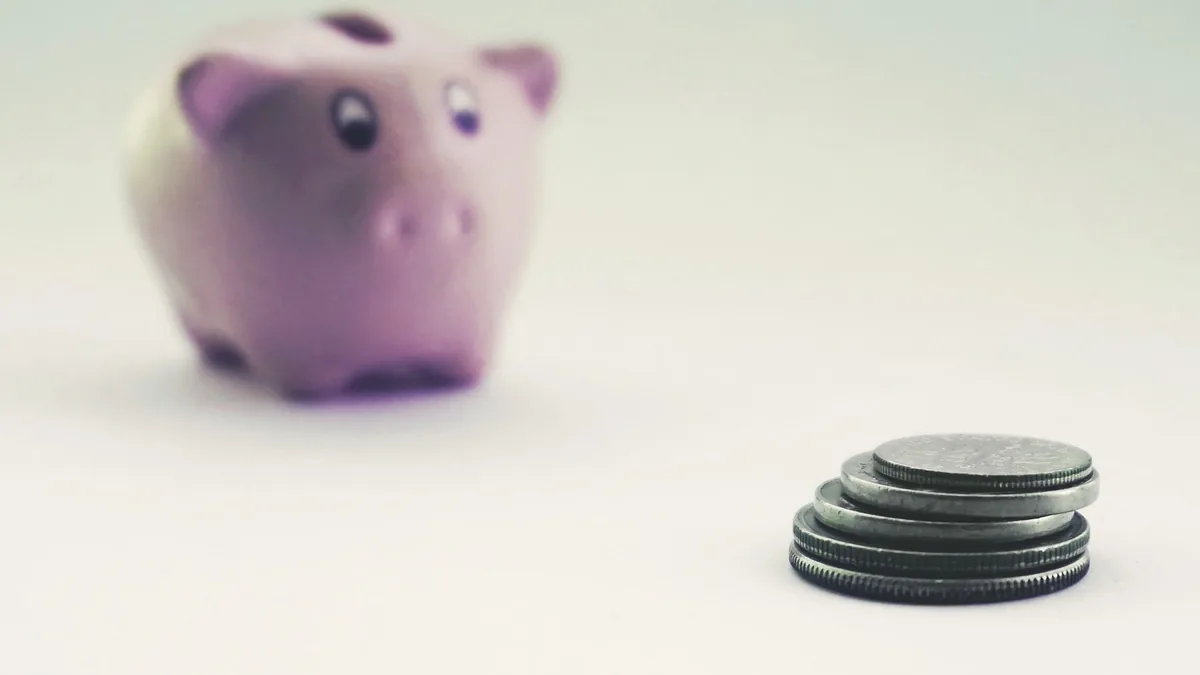 Pink piggy bank behind a neat stack of coins